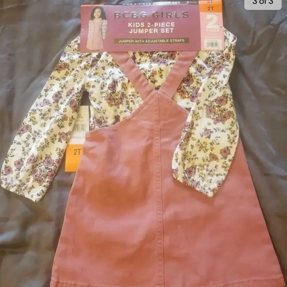 #5 BCBG Girls Kids' 2-piece Pink Romper Skirt Set with Floral Long sleeve Shirt